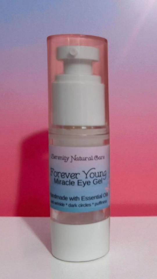 Eye gel bottle labeled 'Forever Young' on a gradient background